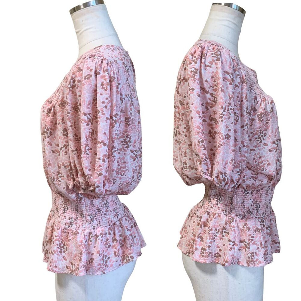 Express Floral Smocked Peplum Top Medium Pink Cottagecore Blouse - Picture 5 of 9